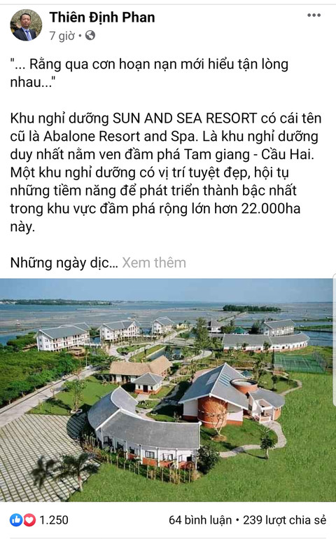 Ông Phan Thiên Định – Phó Chủ tịch UBND tỉnh Thừa Thiên – Huế chia sẻ về hành động cao đẹp của Khu nghỉ dưỡng Sun And Sea Resort.